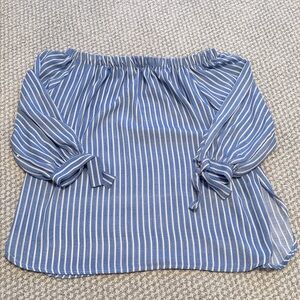 Peppermint Blue and White Striped Off-Shoulder Blouse with Tie Sleeves- SIZE S!